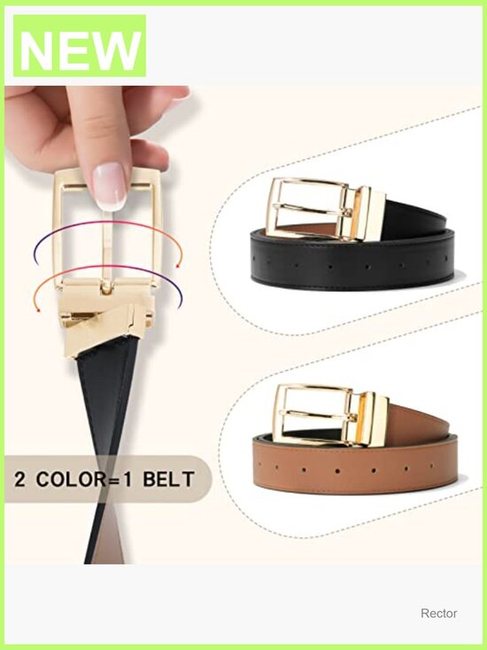 Reversible Faux Leather Belt for Women, Two-Tone, Trim to Fit, Gold Buckle